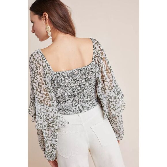 MISA Los Angeles Helaine Floral Top Women's XS Beige Green Long Tiered Sleeve - Picture 2 of 11